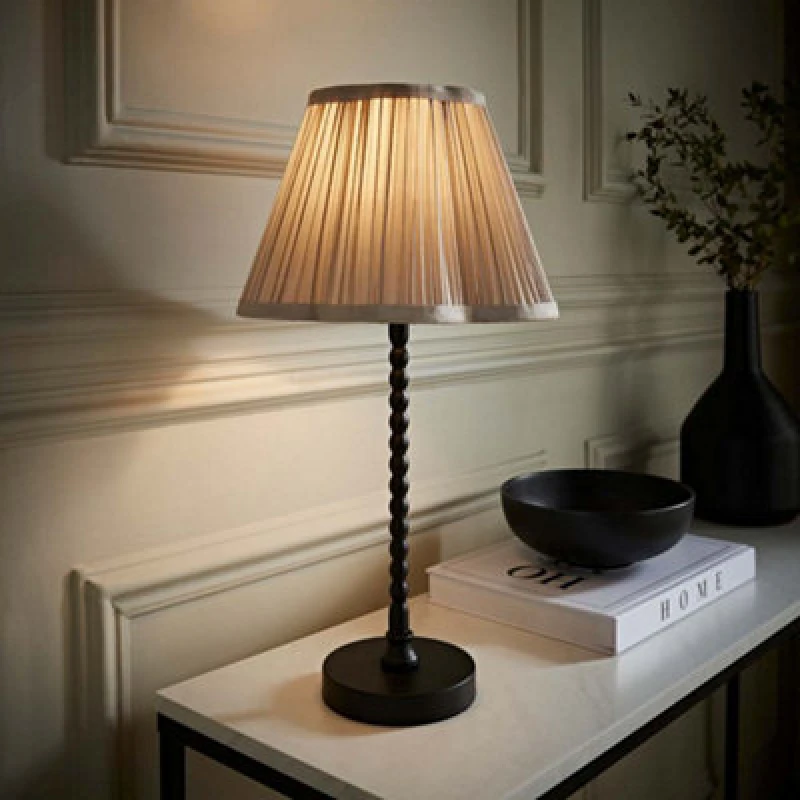 Image of ValueLights ValueLights Maeve Pleated Faux Silk Scallop Shade Matte Black Bobbin Bobble Table Lamp in Light Grey Light Grey One Size Unisex 5059406065