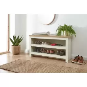 image of Lancaster Oak Top Open Shoe Bench with Shelf Storage up to 8 Pairs - Cream