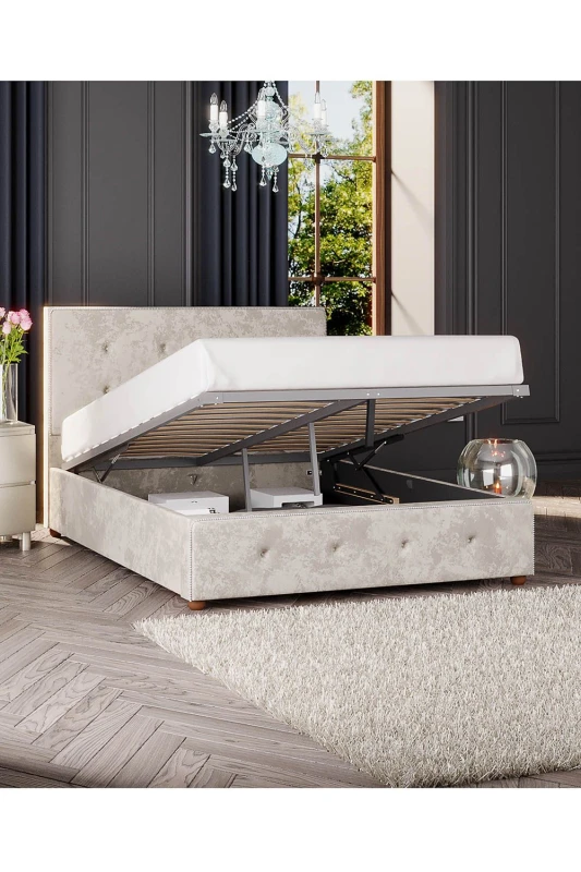 Image of Laurence Llewelyn-Bowen Laurence Llewelyn-Bowen Hesper Ottoman Storage Bed in Mirazzi Velvet Fabric, Custom Made in Ivory Size: Super King Ivory Sup