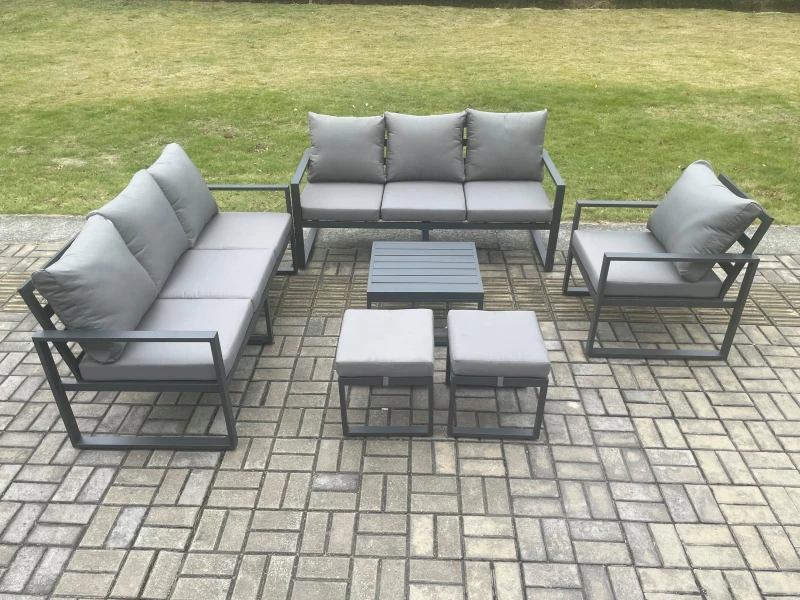 Image of Fimous Aluminium 9 Seater Outdoor Garden Furniture Lounge Sofa Set with Square Coffee Table Chair 2 Small Footstools Dark Grey Dark Grey Unisex