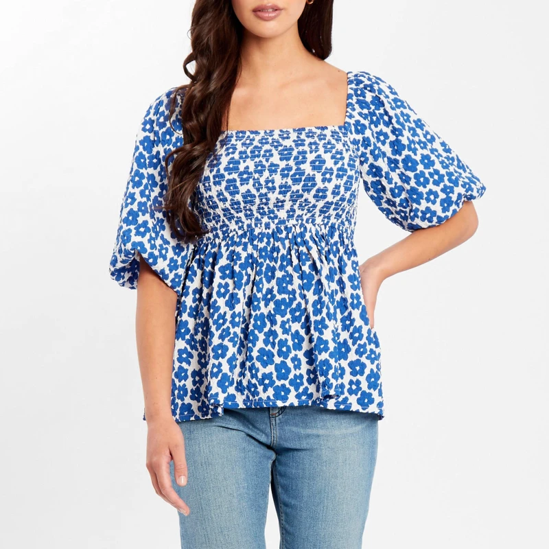 Image of Be You Square Neck Puff Slv Top - Blue Blue 8