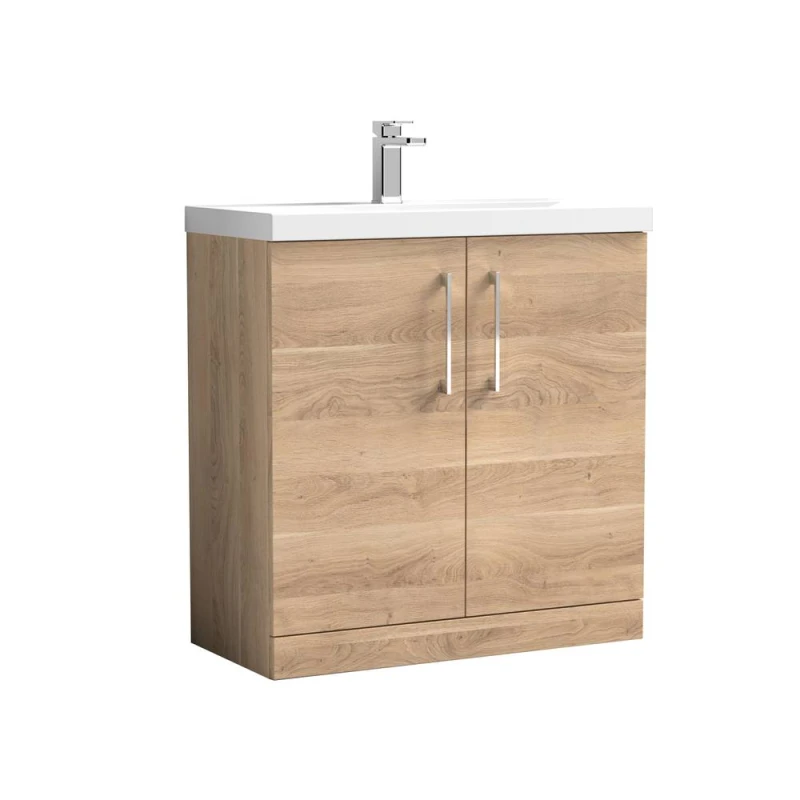 Image of Balterley Contemporary Bathroom Floor Standing 2 Soft-Close Door Vanity Unit & Mid-Edge Ceramic Basin, Bleached Oak, 800 mm in Brown Brown Unisex
