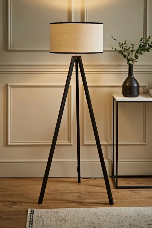 Image of ValueLights ValueLights Barbro Black Wood Tripod Floor Lamp and Natural Linen Trim Shade Black One Size Unisex 5059406057397