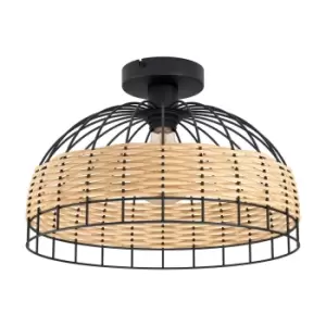 image of Semi Flush Ceiling Light Black & Wicker Round Shade 1 x 60W E27 Bulb Feature