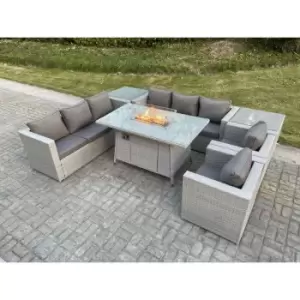 Image of Fimous 8 Seater Outdoor Light Grey Rattan Fire Pit Lounge Complete Sofa Set with Gas Heater and 2 Side Coffee Tables