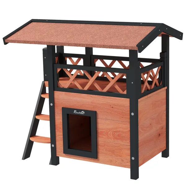 Image of PawHut Cat House Outdoor w/ Balcony Stairs Roof, 77 x 50 x 73 cm, Brown