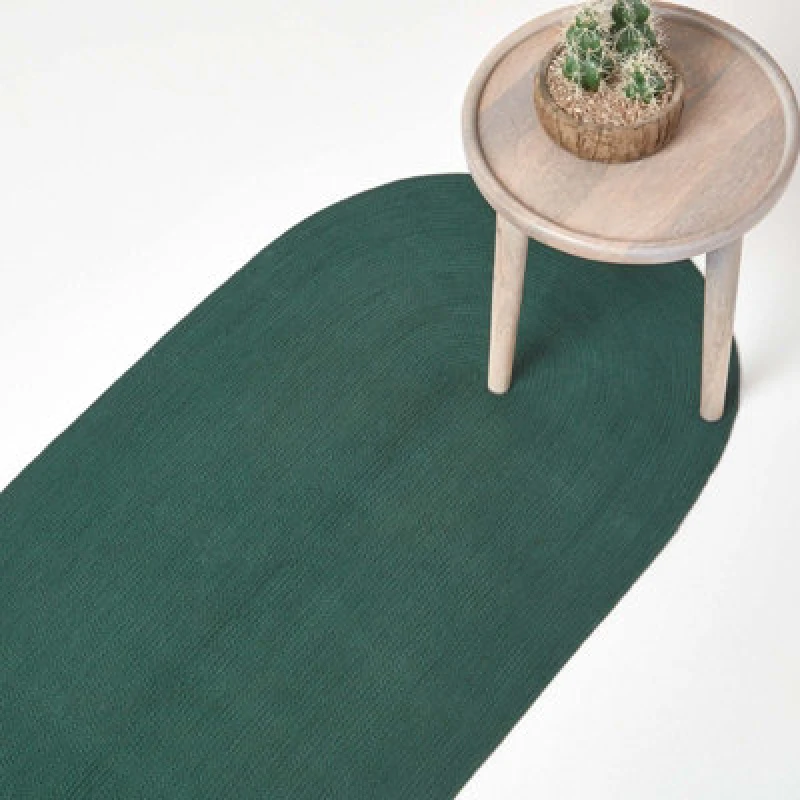 Image of Homescapes Handmade Woven Braided Oval Hallway Rug, 66 x 200cm Dark Green