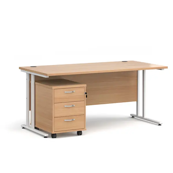 image of Maestro 25 Straight Desk White Frame Beech Table Top and 3 Drawer Pedestal - 1600mm