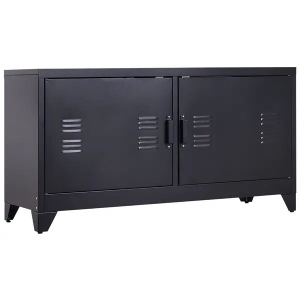 image of HOMCOM Industrial TV Stand Steel Locker Style Magnetic Doors Doors Black