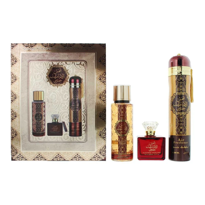 Image of Ard Al Zaafaran Shams Al Emarat Khususi Gift Set 100ml Eau de Parfum + 250ml Body Mist + 300ml Air Freshener