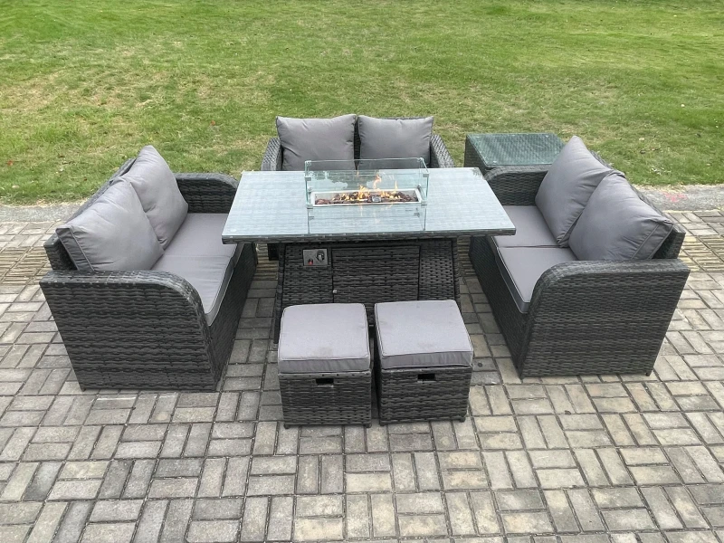 Image of Fimous Rattan Outdoor Garden Furniture Sofa Set Gas Fire Pit Dining Table Gas Heater with Side Tables Love Sofa 2 Small Footstools Dark Grey