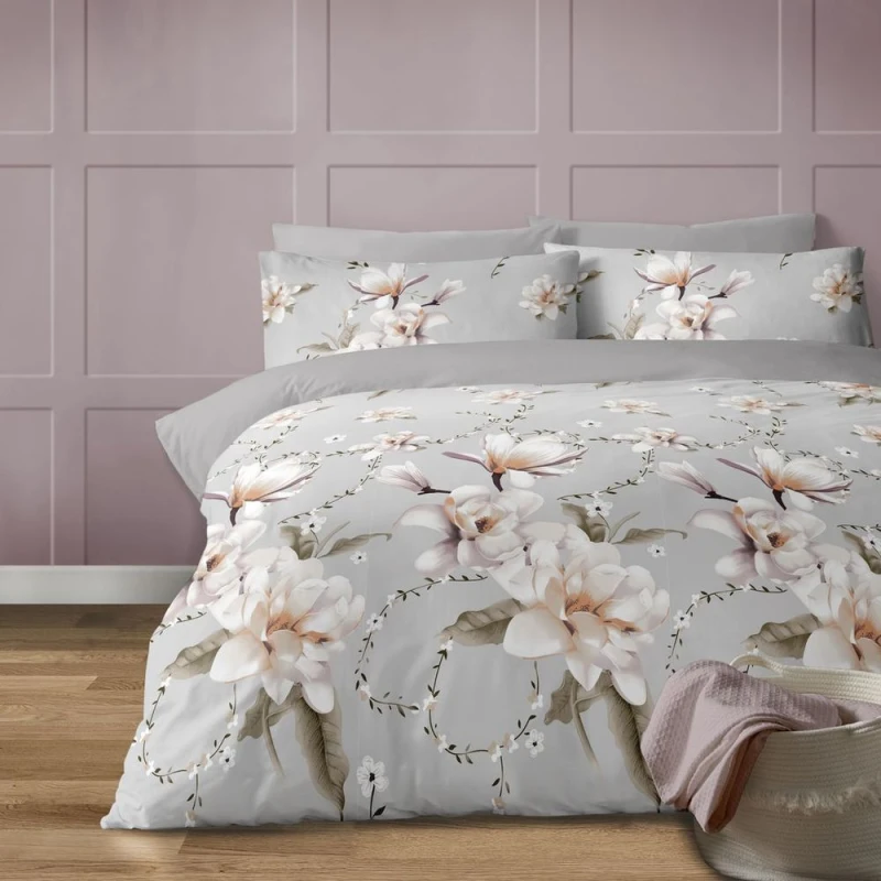 Image of Bellissimo Home Anemone grey duvet cover set with large white floral print - Double Bed