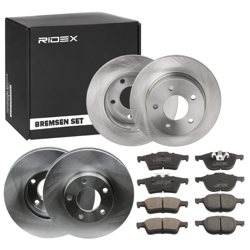 Image of RIDEX 3405B1739 Brake disc and pads set Rear Axle, Brake Disc Type: Solid, excl. wear warning contact, with anti-squeak plate Brake Set,disc brakes (