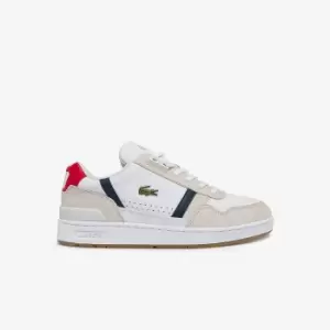 Image of Lacoste Mens T-Clip Tricolour Leather and Suede Trainers Size 10 UK White, Navy & Red