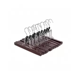 Image of Pack of 10 Dark Brown Wooden Non-Slip Clothes Skirt Hangers