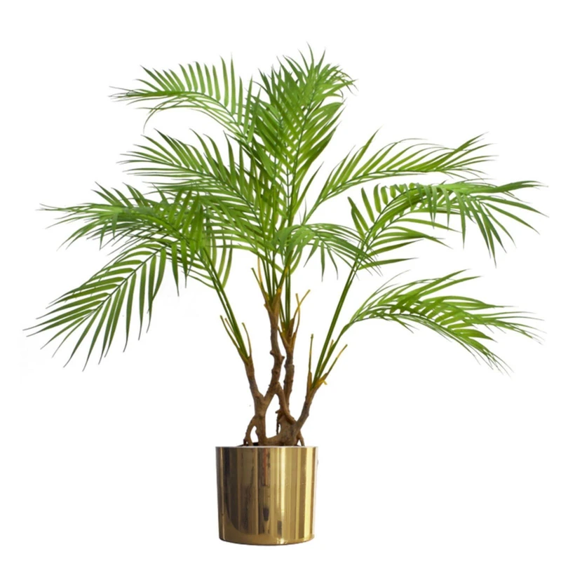 Image of Leaf 90cm Artificial Areca Palm Plant Twisted Detail Trunk with Gold Metal Planter Green unisex