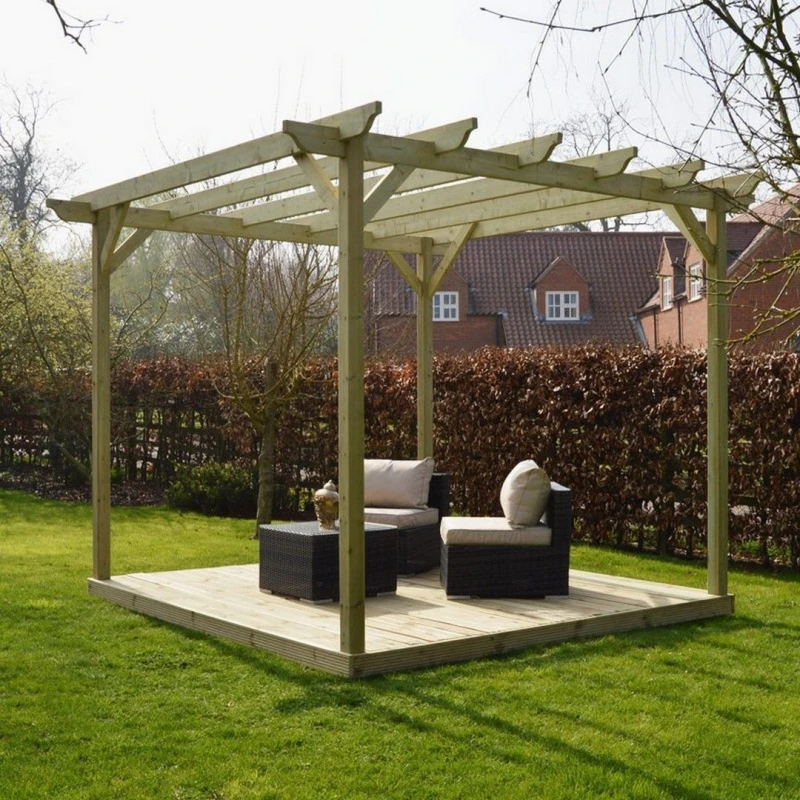 Image of Rutland County Garden Furniture Ltd Garden Pergola & Decking Kit, Wood, L360 x W360 cm, Rustic Brown in Light Green Light Green Unisex