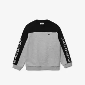 Image of Lacoste Boys' Crew Neck Colour-block Fleece Sweatshirt Size 14 yrs Grey Chine / Black