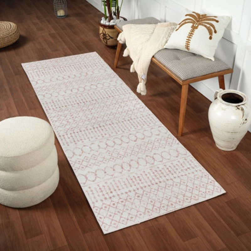 Image of Livabliss Shaggy Global Plush Pile Pale Pink Saanjh Runner Rug 80 X 220 Cm - Easy Care, Non Shedding, Ideal For Hallway Or Beside The Bed