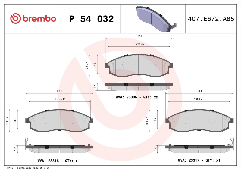 Image of BREMBO Brake pad set BREMBO P 54 032