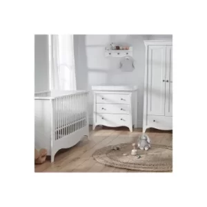 image of Cuddle Co Clara 3 Piece White Dresser Cot Bed and Wardrobe Set