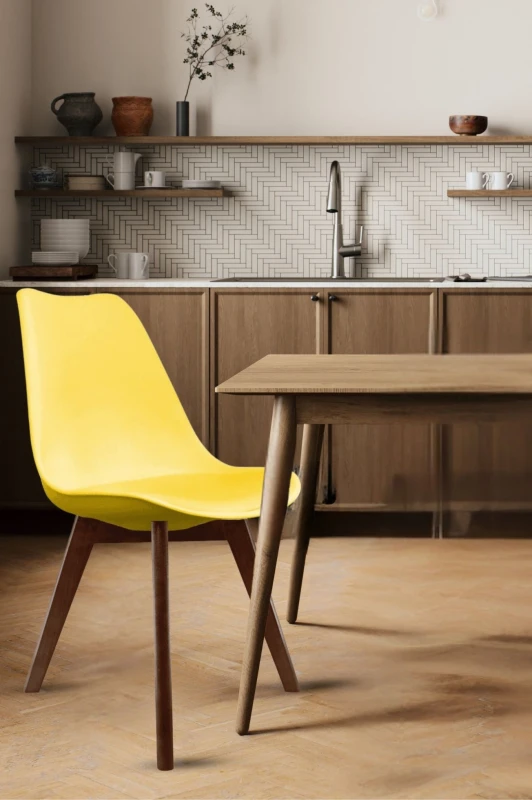 Image of Fusion Living Soho Plastic Dining Chair with Squared Dark Wood Legs Yellow