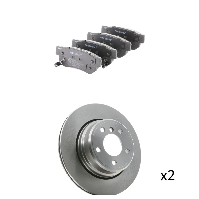 Image of RIDEX 3405B2214 Brake disc and pads set Rear Axle, Brake Disc Type: Externally Vented, with acoustic wear warning Brake Set,disc brakes (3405)