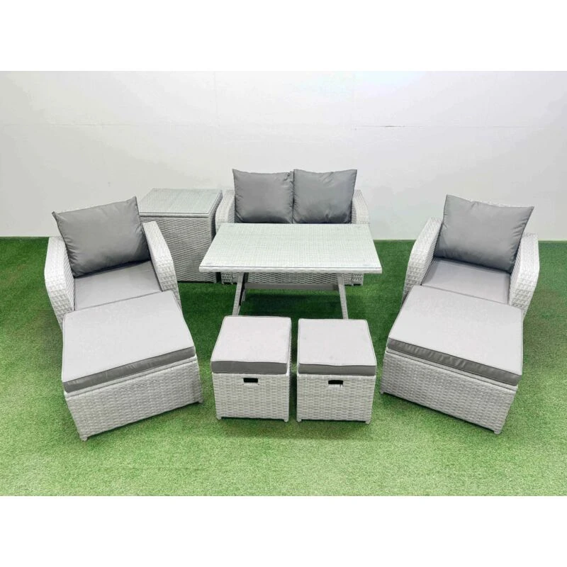 Image of Fimous 8-seater Patio Rectangular Table Sofa Set with Side Table 4 Stools in Light Grey Light Grey Unisex