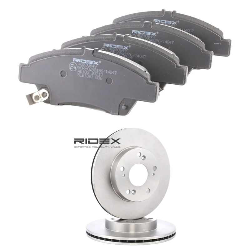 Image of RIDEX 3405B2619 Brake disc and pads set Front Axle, Brake Disc Type: internally vented, with acoustic wear warning Brake Set,disc brakes (3405)