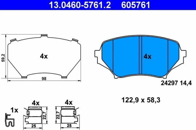 Image of ATE 13.0460-5761.2 Brake pad set with acoustic wear warning, with accessories, with anti-squeak plate Brake Pad Set,disc brake (402)