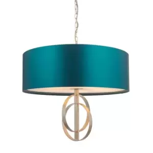 Image of Antique Silver Ceiling Pendant Light & Teal Satin Shade - 5 Bulb Hanging Fitting