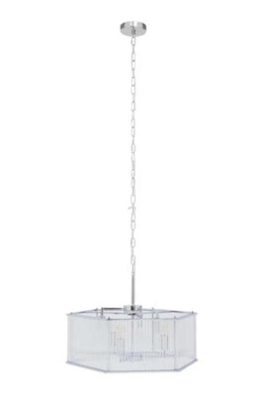 Image of Orsina 6 Light Hexagonal Chrome Pendant Light, Adjustable Aluminium Chain Ceiling Fixture, Ribbed Glass Rods