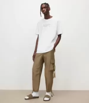 Image of AllSaints Mens Kora Straight Cropped Trousers, Washed Khaki Green, Size: 28