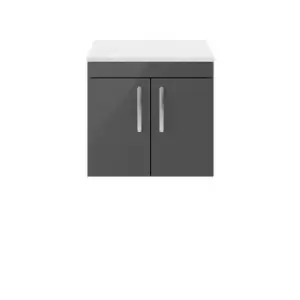 Nuie Athena 600 Wall Hung 2-door Vanity & Sparkling White Worktop - Gloss Grey