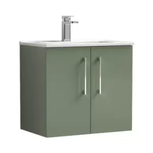 Arno Satin Green 600mm Wall Hung 2 Door Vanity Unit with 18mm Profile Basin - ARN823B - Satin Green - Nuie