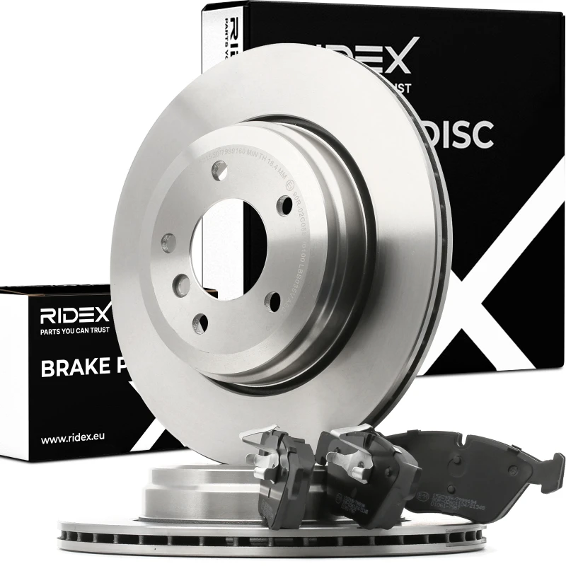 Image of RIDEX 3405B0986 Brake disc and pads set Rear Axle, Brake Disc Type: Vented, prepared for wear warning indicator Brake Set,disc brakes (3405)