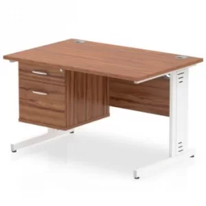 image of Impulse 1200 Rectangle White Cable Managed Leg Desk WALNUT 1 x 2 Drawer Fixed Ped