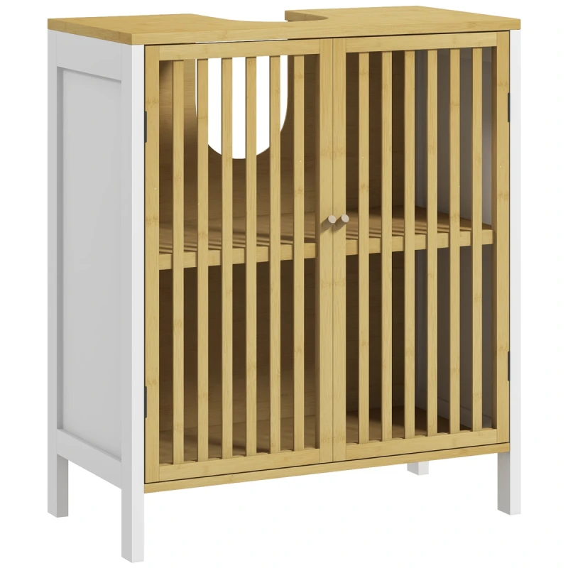 Image of HOMCOM Under Sink Bathroom Cabinet, Bamboo Sink Storage Cabinet Slat Doors, White 834-671V00WT