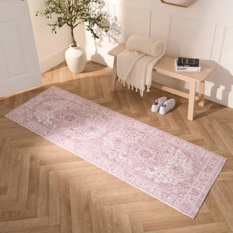 Image of OHS OHS Washable Rug Vintage Living Room Bedroom Decor Non Slip Runners Soft Carpet Mat in Pink Size: 66cm x 200cm Pink 66cm x 200cm Unisex 50274342
