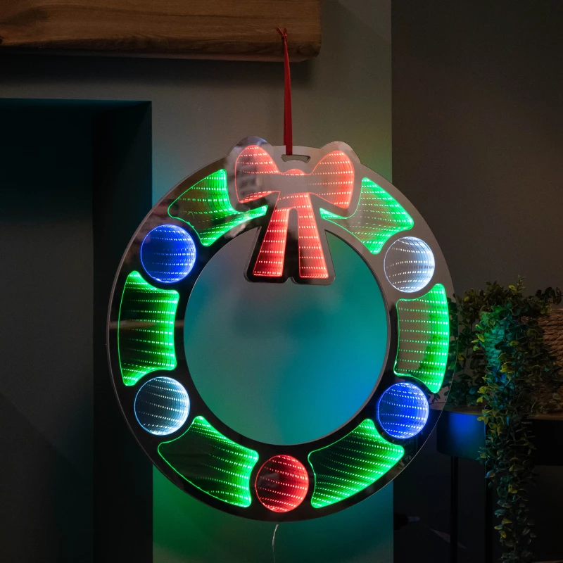 Image of 60cm Light up Hanging Christmas Wreath Infinity Mirror with Multi-Coloured LEDs