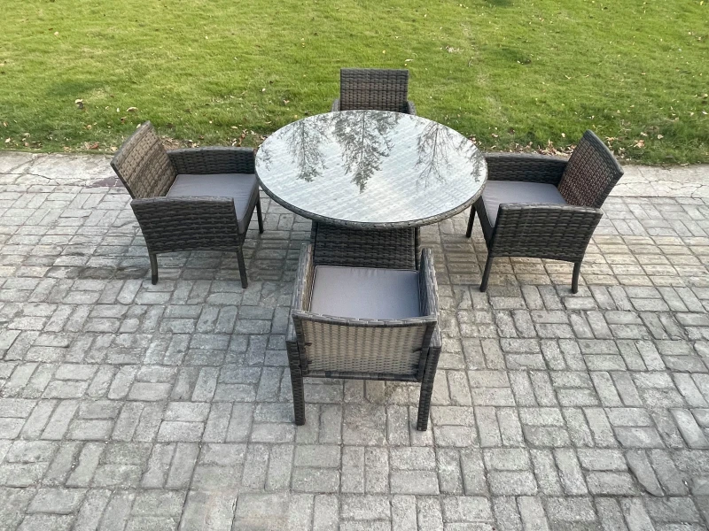 Image of Fimous Wicker PE Outdoor Rattan Garden Furniture Arm Chair & Table Dining Sets 4 Seater Medium Round Table Dark Grey Mixed Dark Grey Unisex
