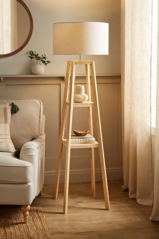 Image of ValueLights Wakefield Two Shelf Quad Wooden Floor Lamp with Linen White Trim Drum Lamp Shade Natural
