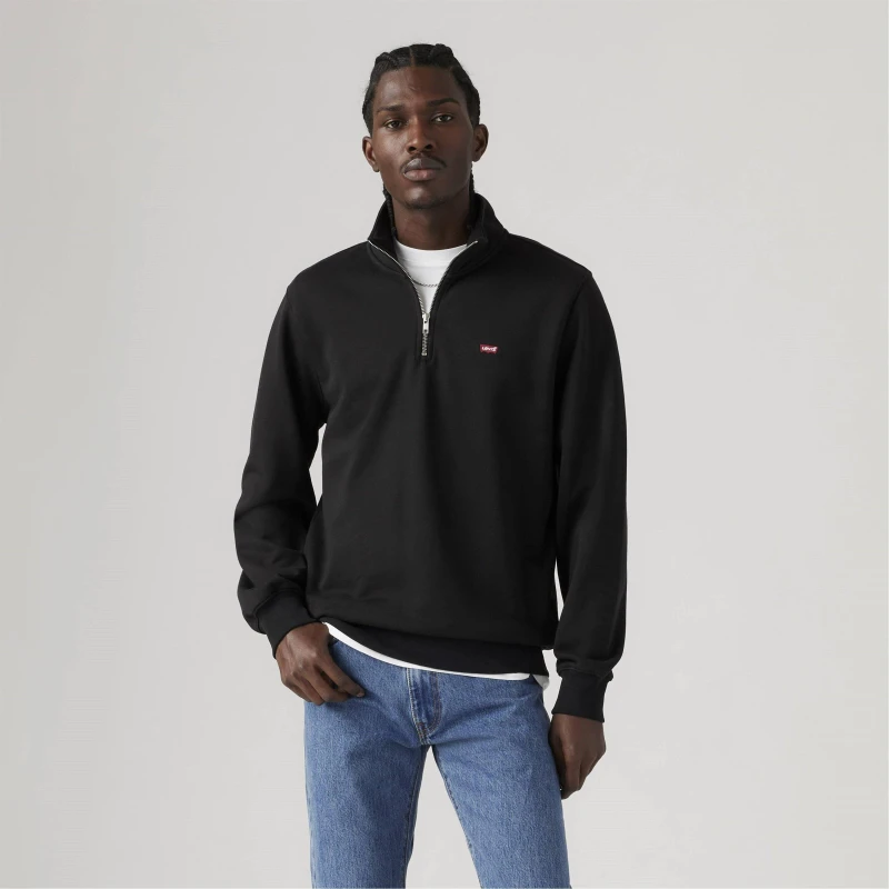 Image of Levis Embroidered Logo Cotton Sweatshirt with Quarter-Zip Black Men S;M;L;XXL