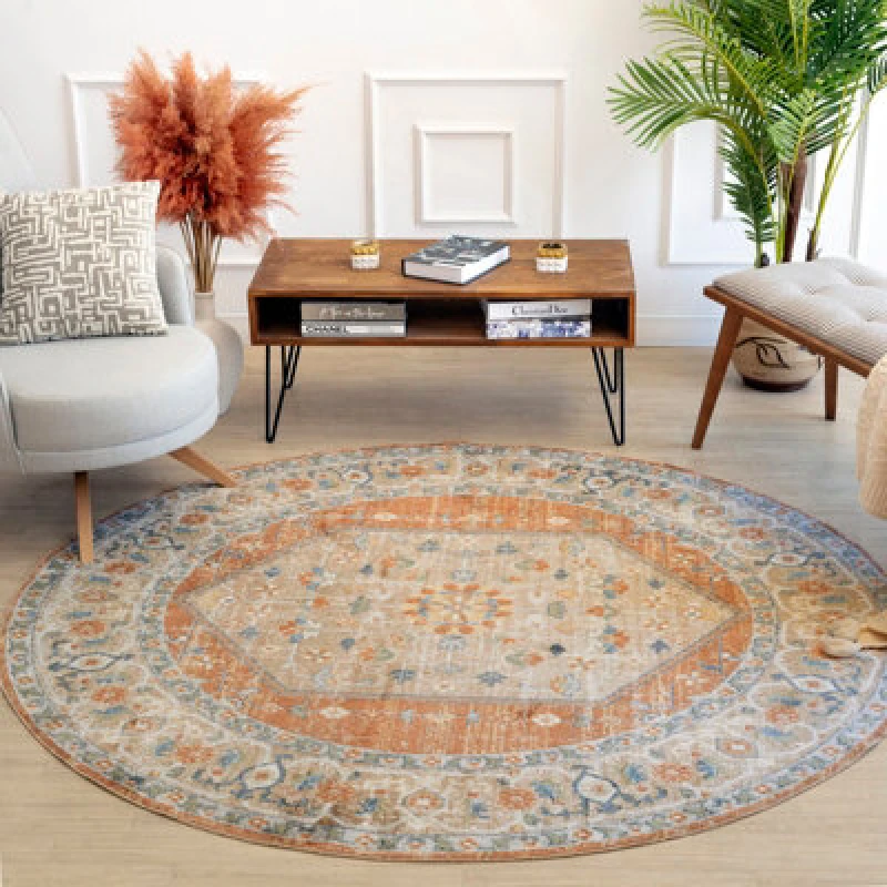 Image of Livabliss Round Machine Washable Traditionnal Boho Burnt Orange Boka Area Rug 200 X 200 Cm - Easy Care, Ideal For Living Room & Bedroom
