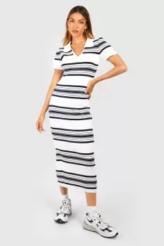 Image of Polo Collar Mixed Stripe Rib Knitted Midaxi Dress