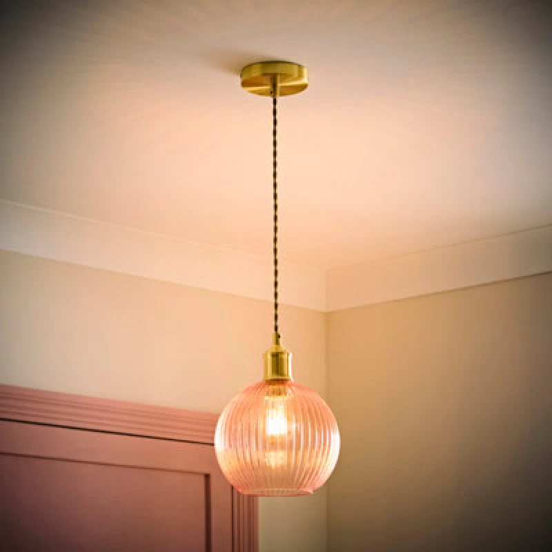 Image of Valuelights Maddison Pink Ribbed Glass Globe Gold Ceiling Pendant Light And Bulb