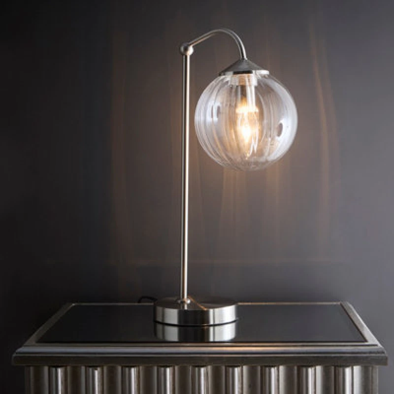 Image of K LIVING Bianca Satin Nickel Table Lamp Ribbed Glass Silver