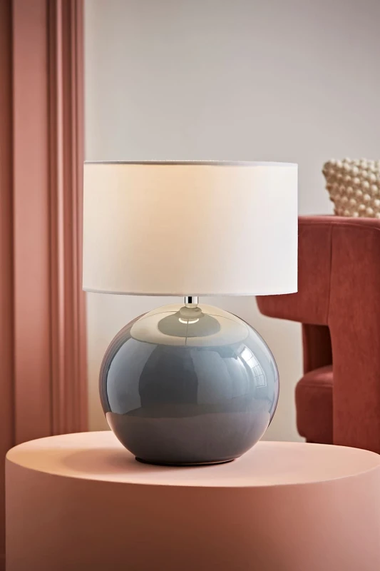 Image of ValueLights Bosco Eucalyptus Teal Globe Ceramic Table Lamp with Fabric Lamp Shade White