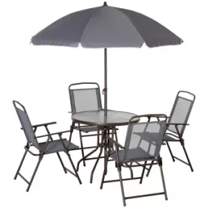 image of Outsunny 6 Piece Patio Dining Set with Umbrella, 4 Folding Dining Chairs & Round Tempered Glass Table for Garden, Backyard and Poolside, Brown