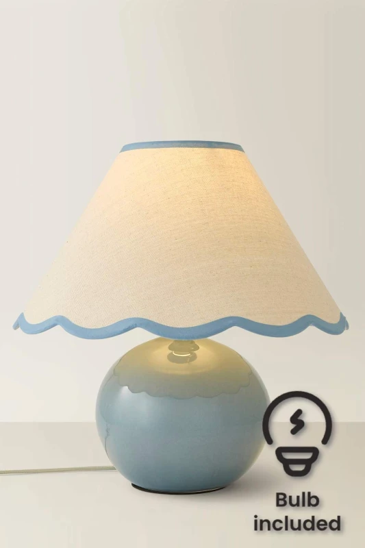 Image of ValueLights Bosco Eucalyptus Teal Ceramic Table Lamp with Linen Scallop Shade and LED Bulb Blue